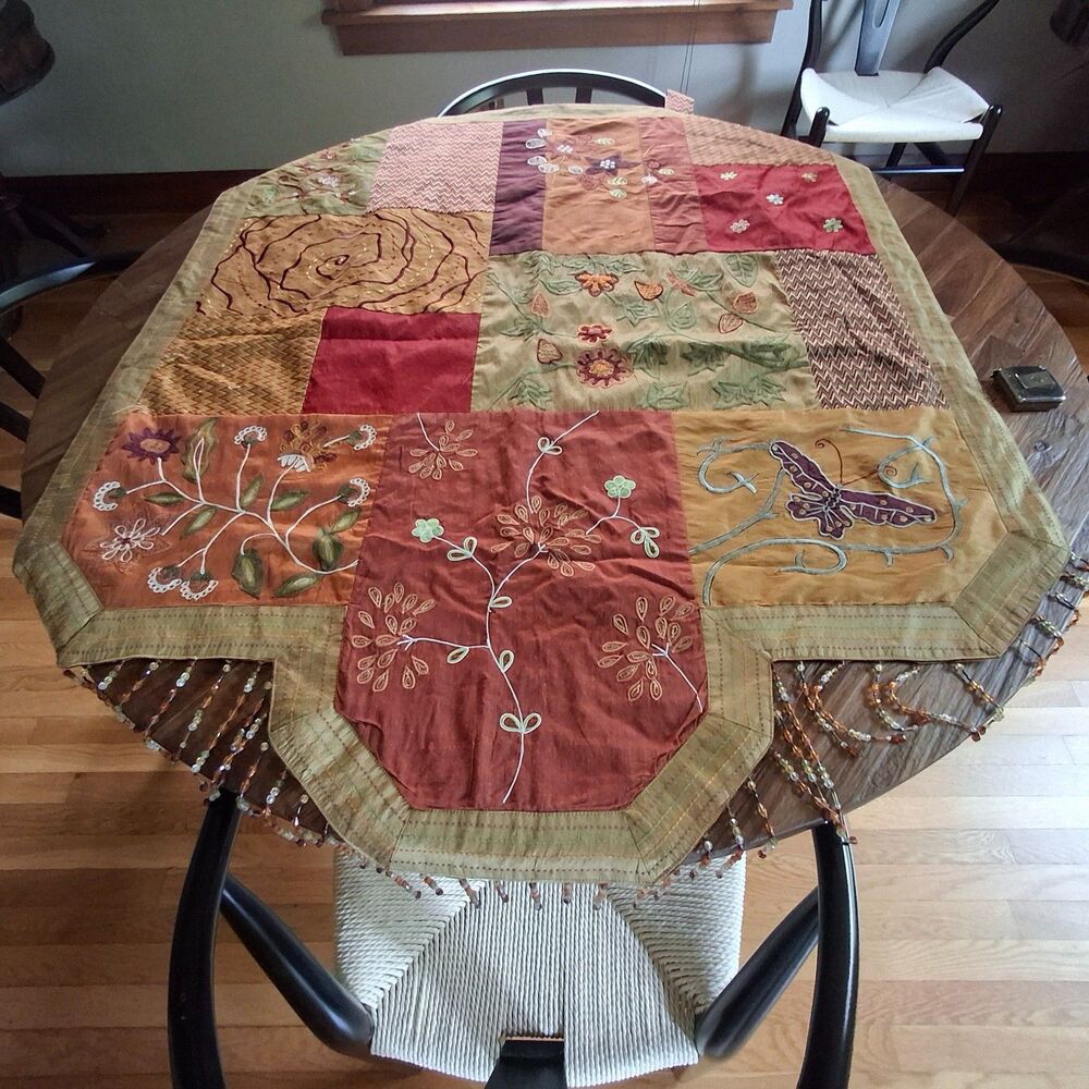 Pier 1 Imports Vintage Boho Patchwork Embroidered Beaded Table Topper Wall Hang